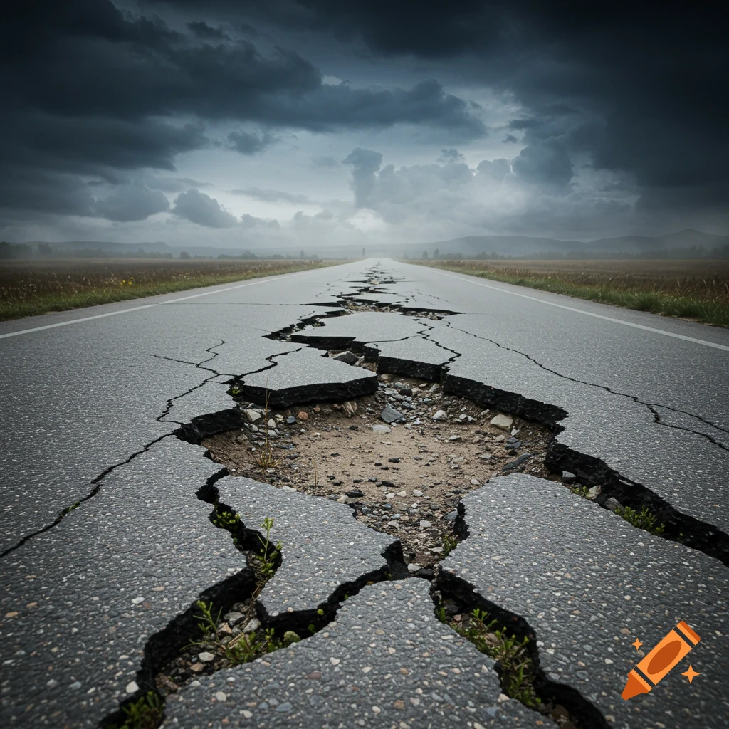 A cracked and broken road stretches through a field under a dark, stormy sky.