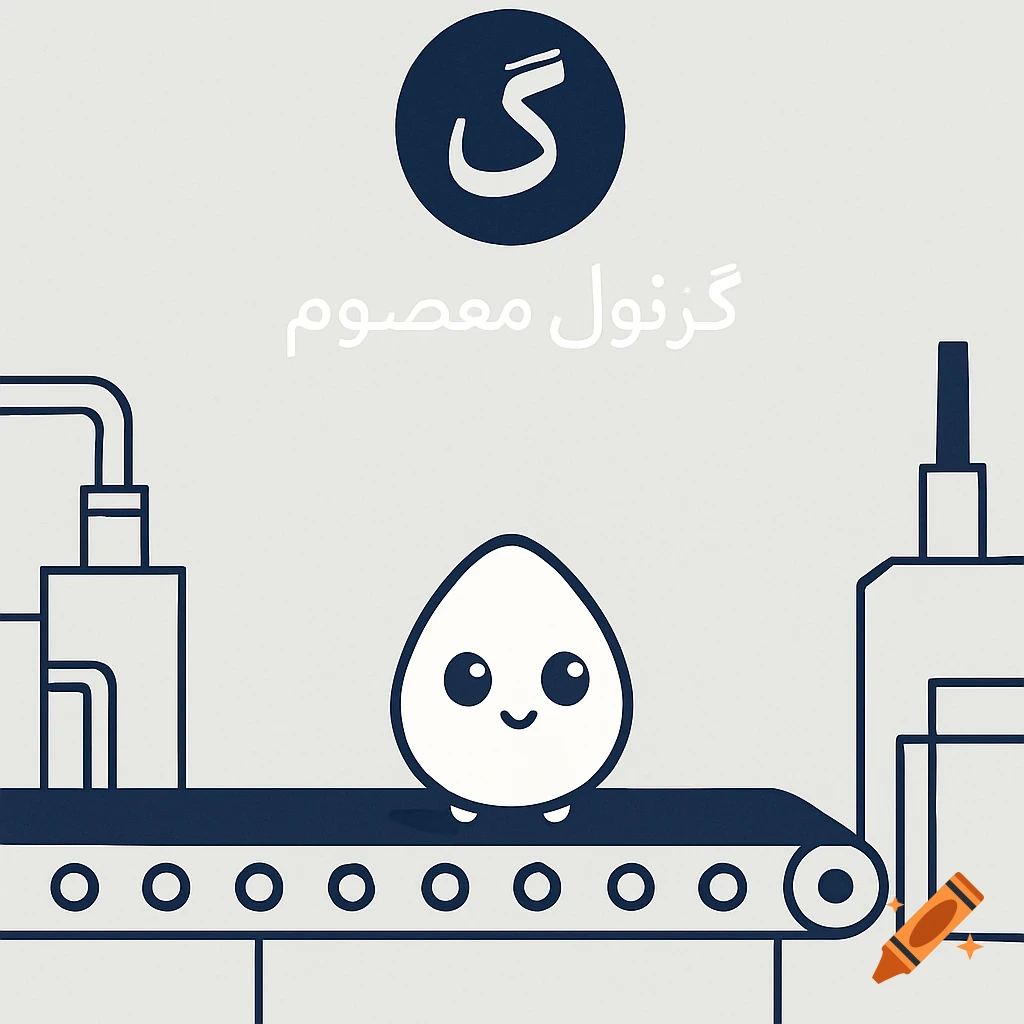 A minimalist cartoon of a cute granule character on a factory conveyor belt with Persian text and a logo.
