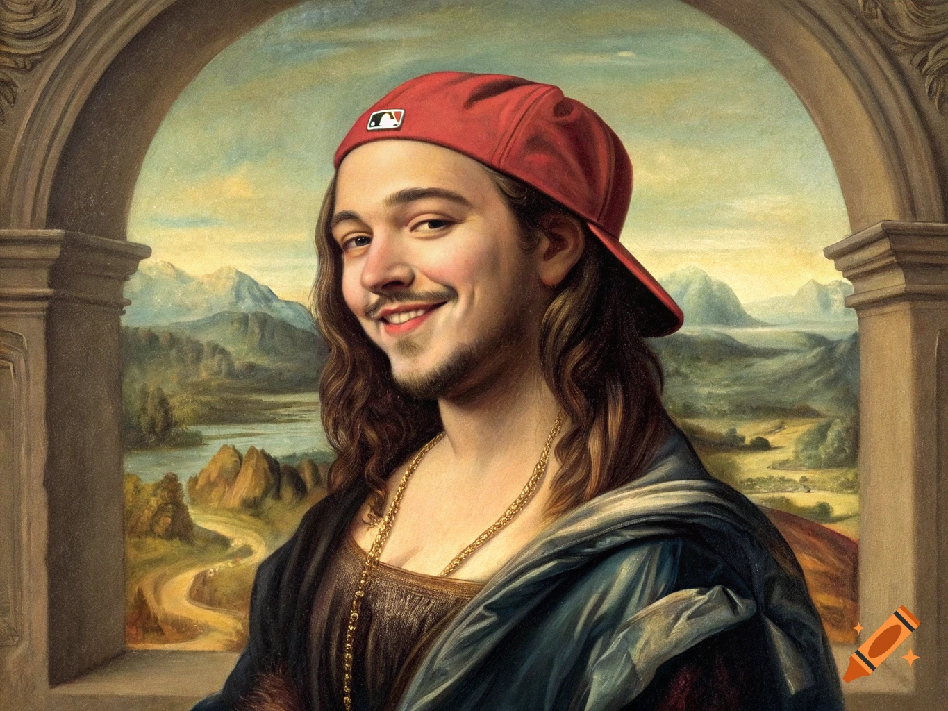 Portrait of a man in a baseball cap and gold chain, in the style of the Mona Lisa painting.