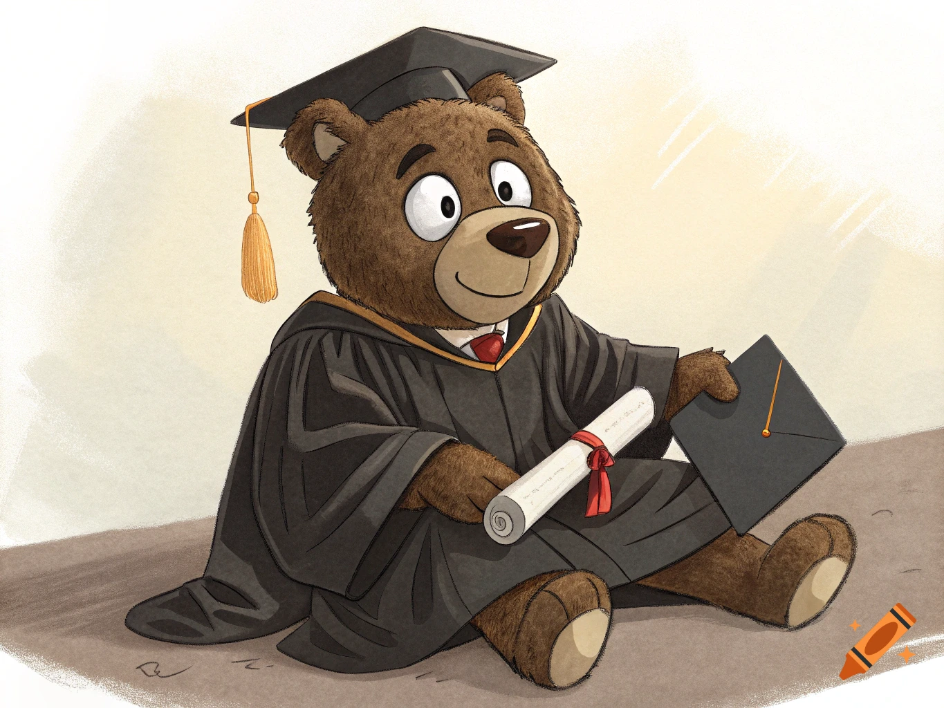 Cartoon bear sitting, wearing a graduation cap and gown, holding a diploma and cap.