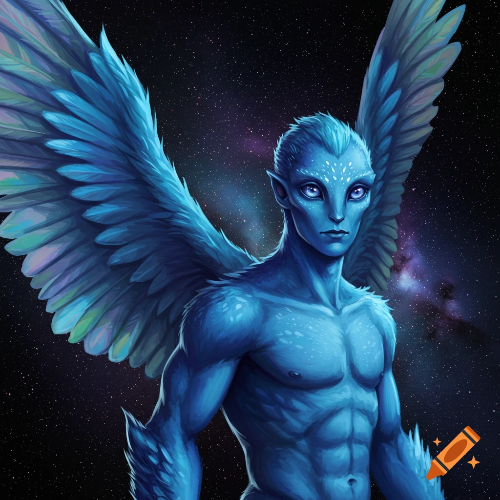 Blue alien with wings and fur stands against a starry sky.