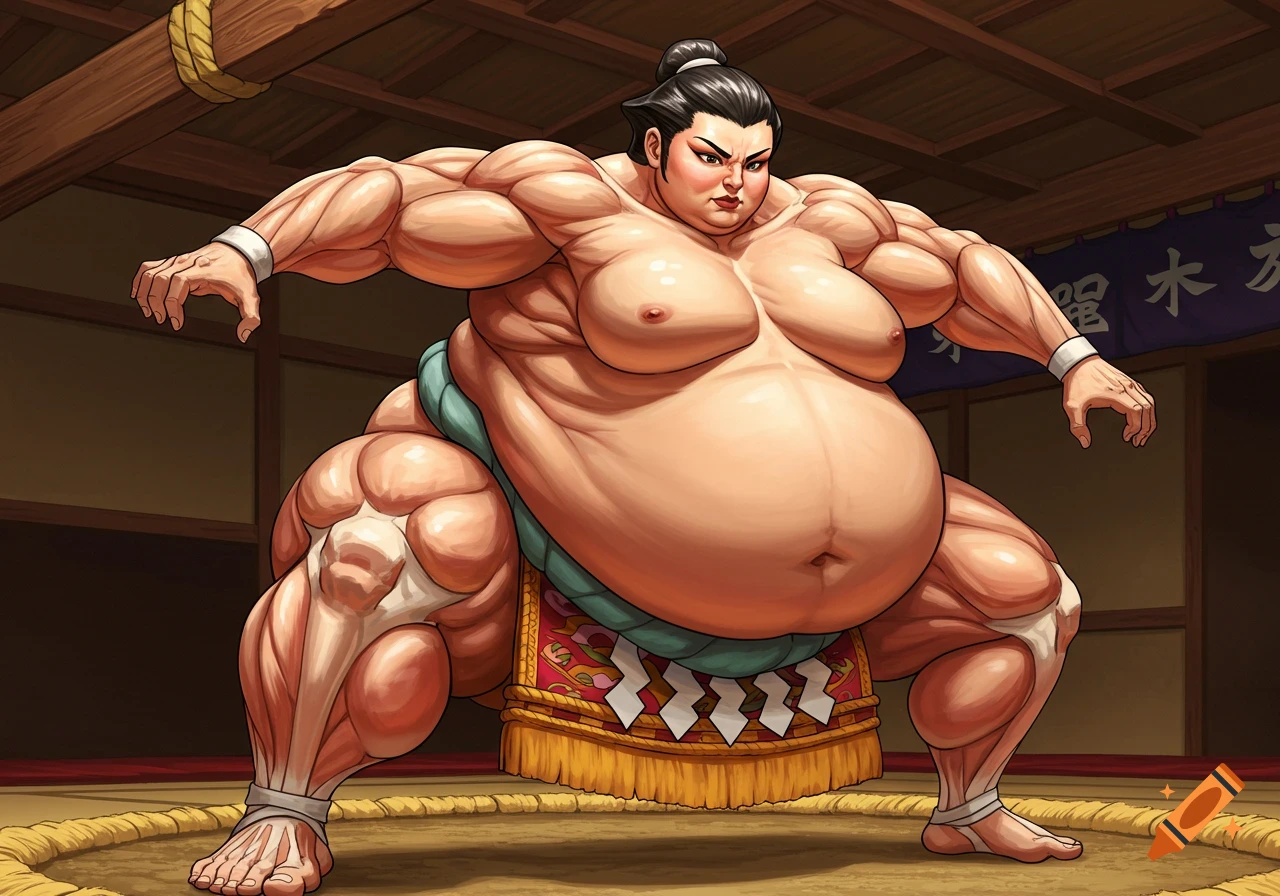 Stylized image of a female sumo wrestler with exaggerated muscles and body mass standing in a sumo ring.