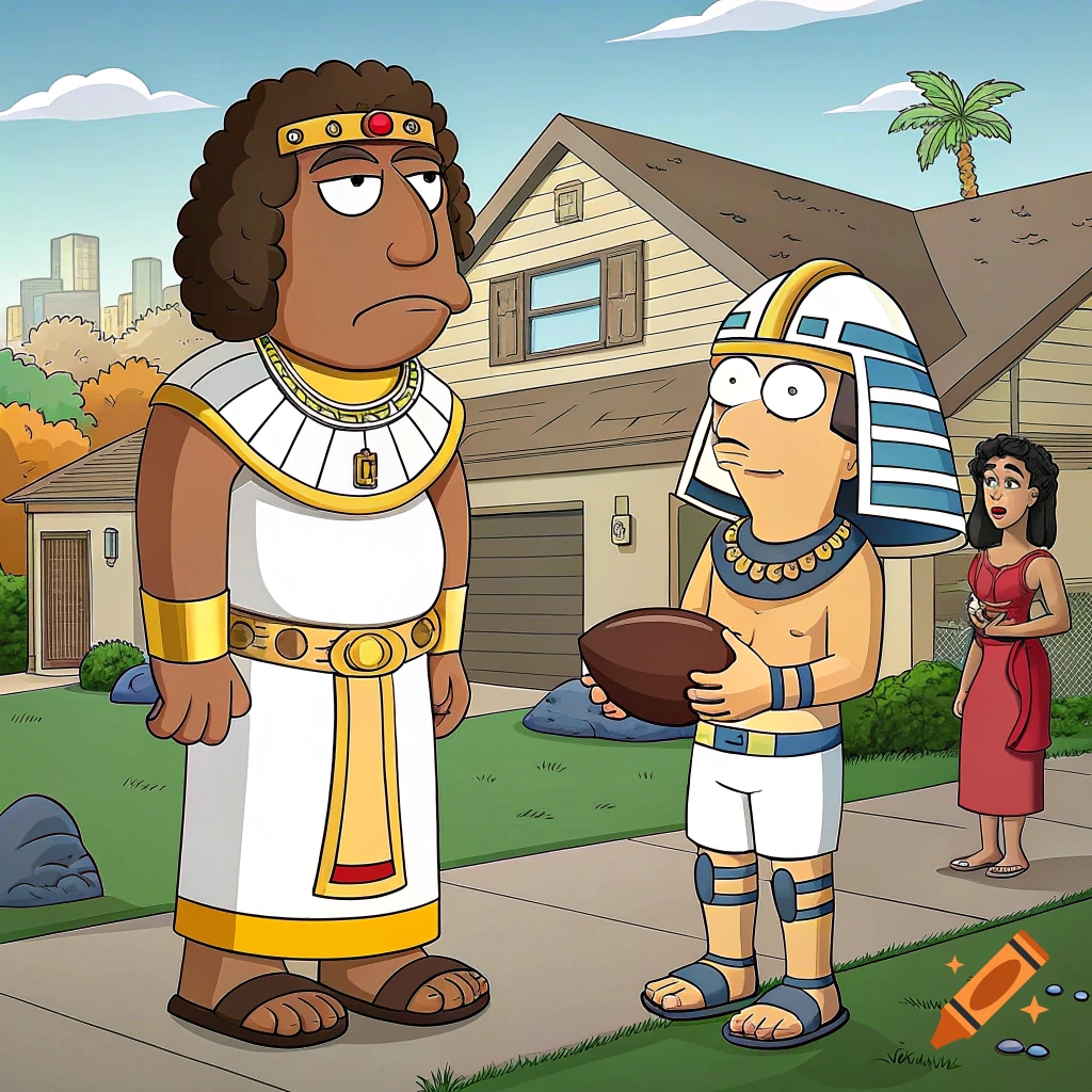 Cartoon characters in Egyptian attire in a suburban neighborhood. A tall man and a shorter man holding a football stand on a sidewalk, a woman in the background. Family Guy style.