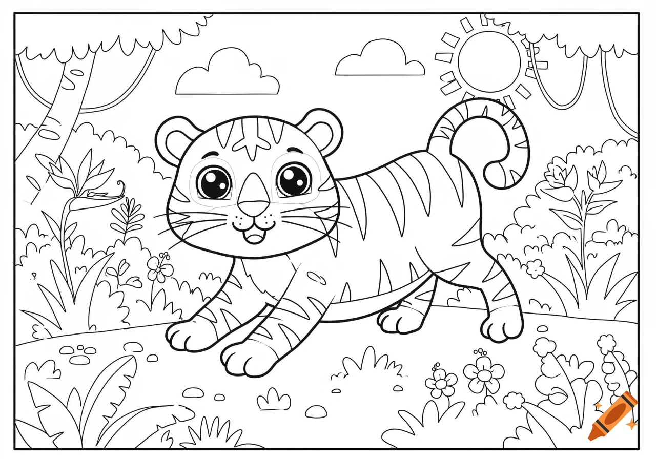 Line art coloring page of a cute tiger cub in a jungle.