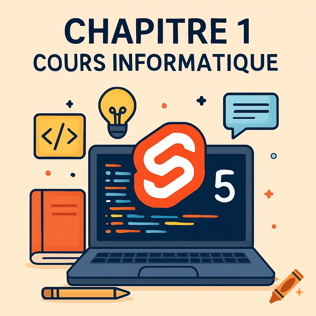Illustration of a laptop displaying code, a book, lightbulb, and chat bubble, with the text 'CHAPITRE 1 COURS INFORMATIQUE' and a large 'S 5' on the screen.