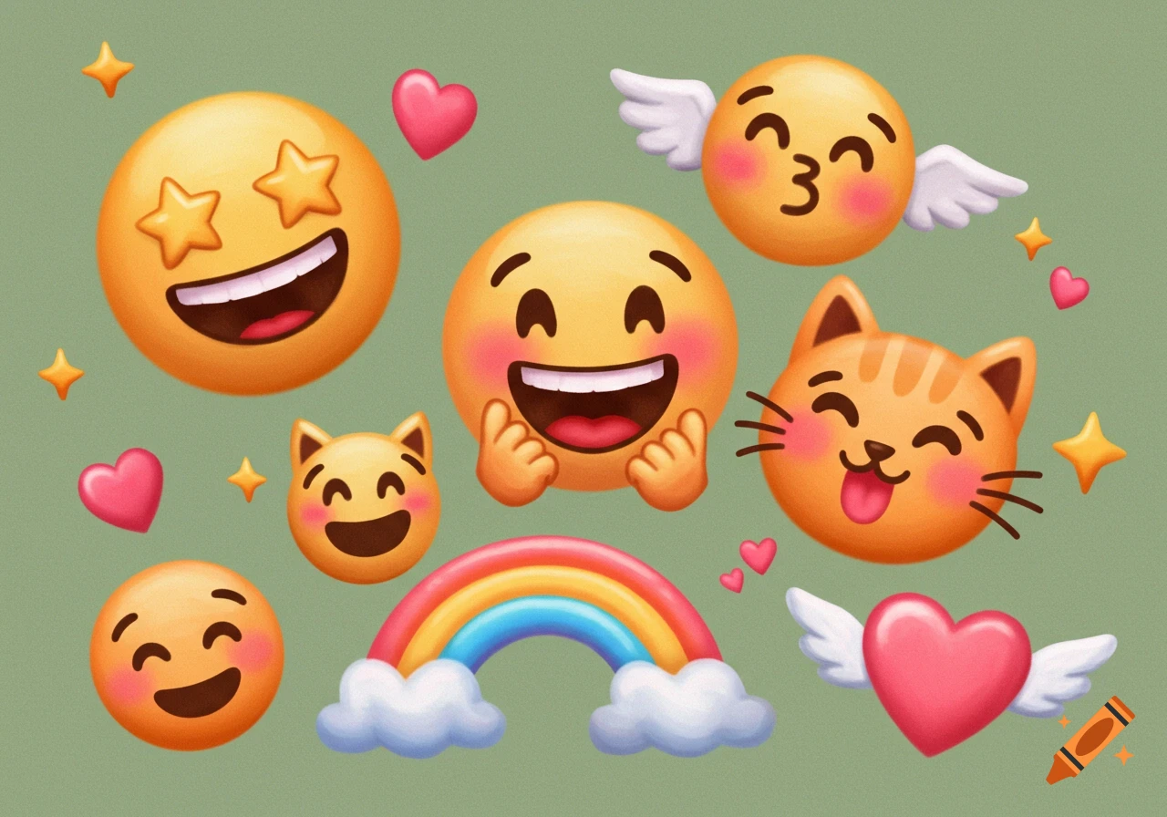 A collection of various emojis, hearts, stars, and a rainbow on a green background.