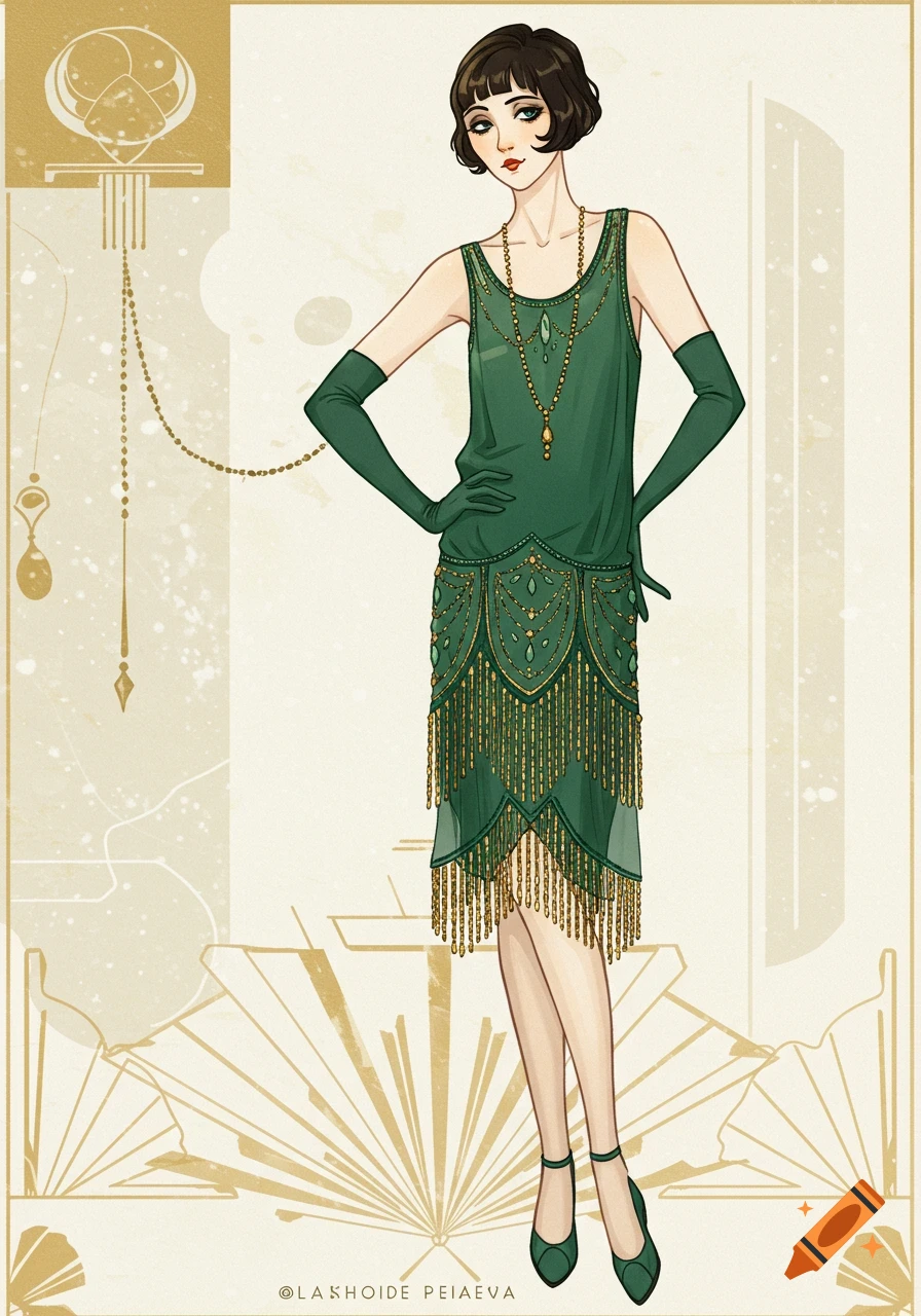 Illustration of a woman in a green 1920s flapper dress. on Craiyon