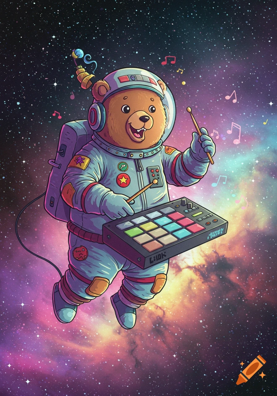 Cartoon bear astronaut playing a drum machine in space with musical notes floating around.
