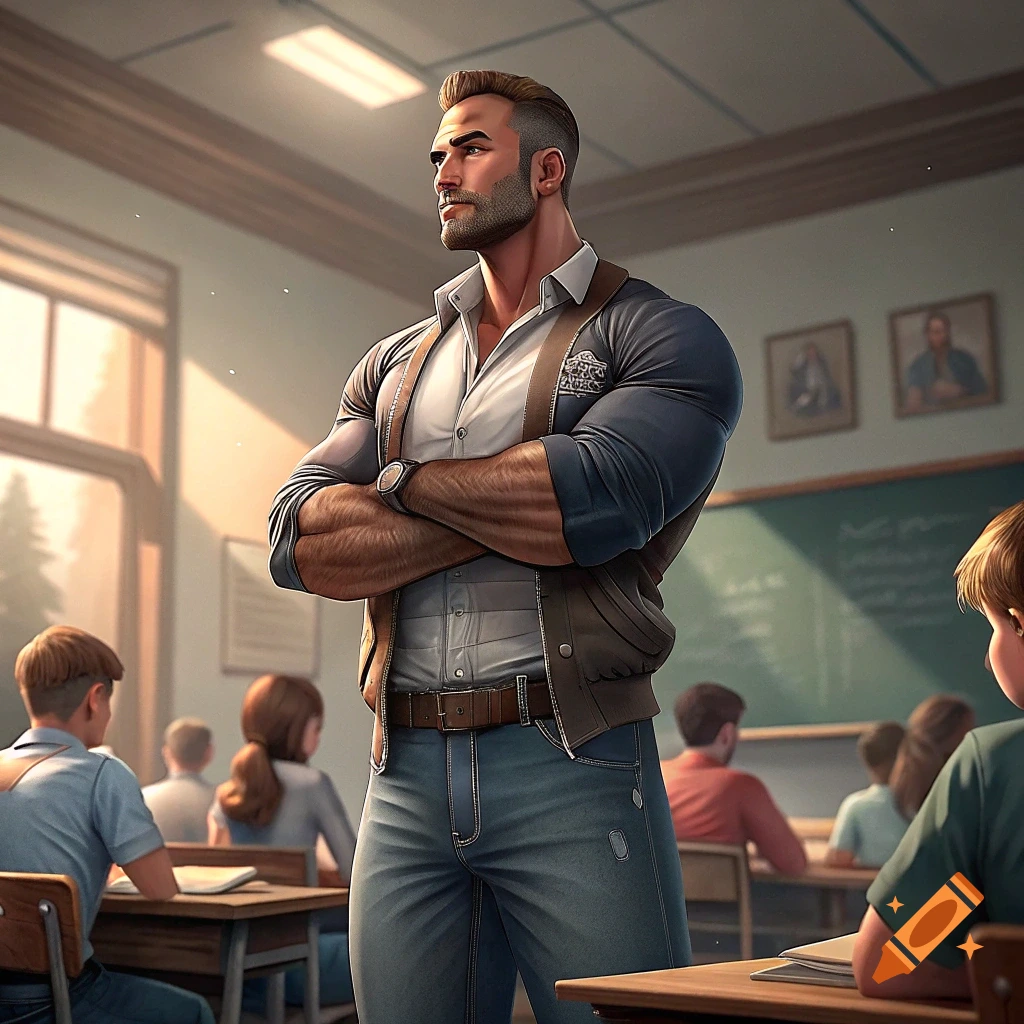 Muscular man standing in a classroom with students.