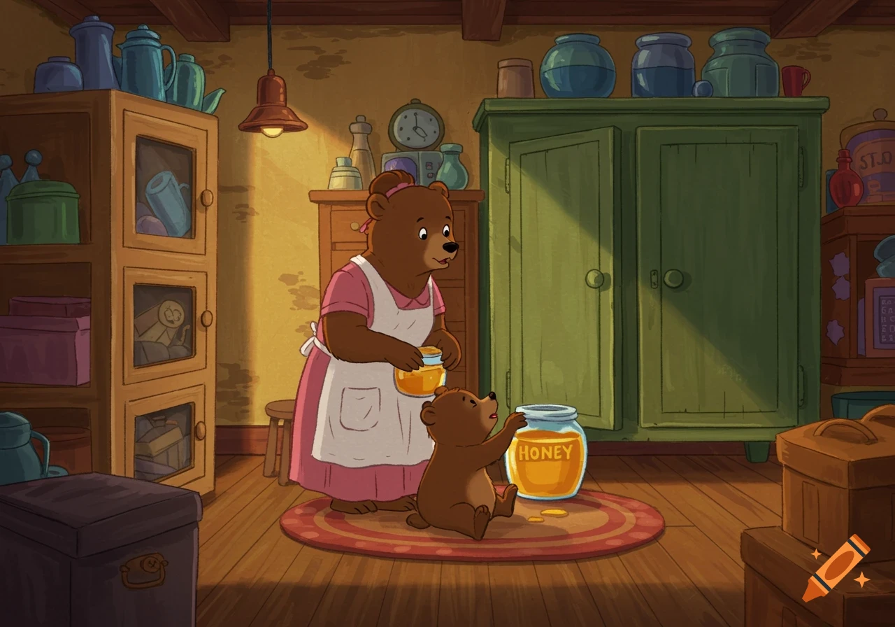 Cartoon bears in a storage room. A mother bear holds a small jar while a baby bear reaches for a large jar of honey labeled "HONEY".
