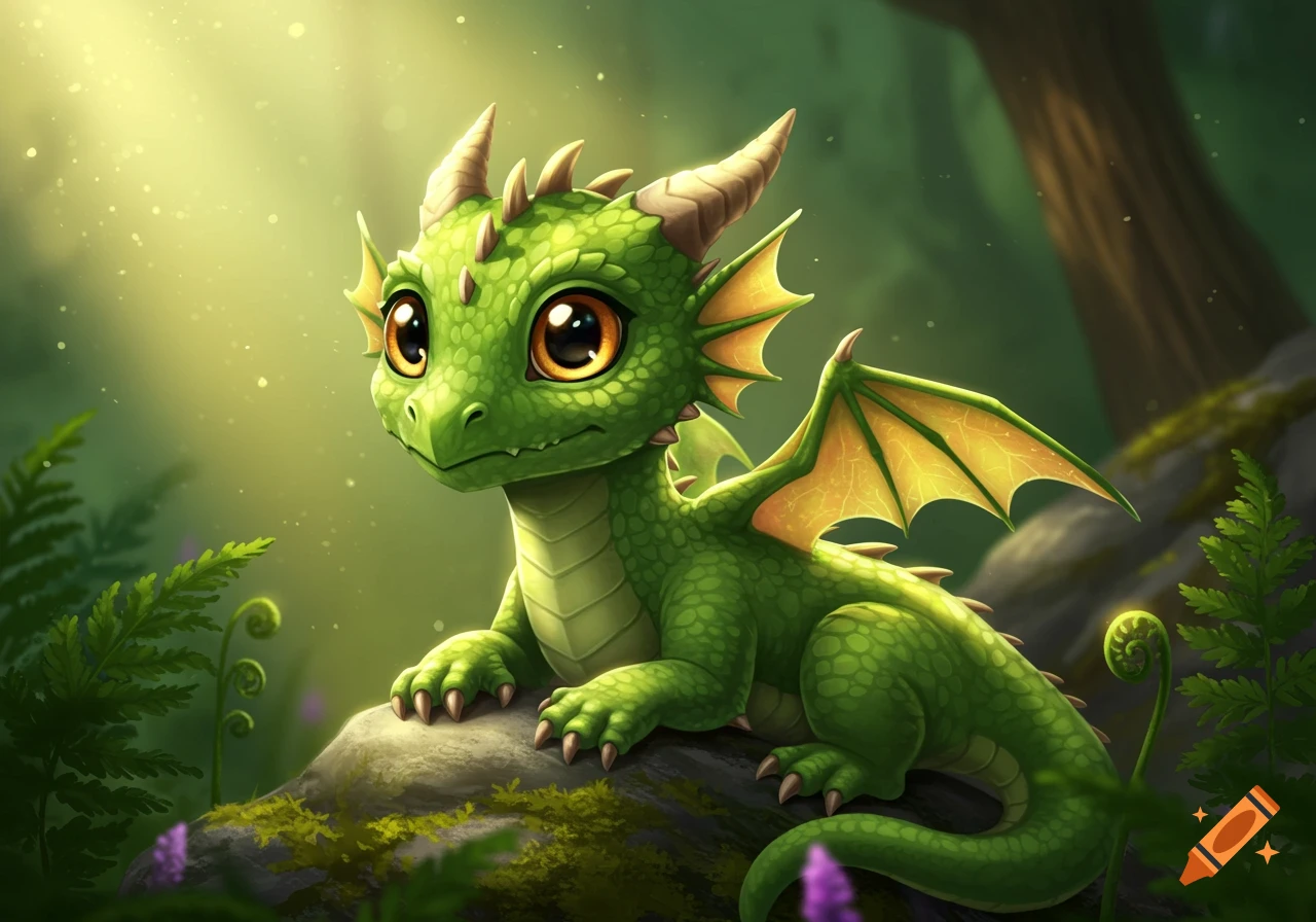A cute baby green dragon with big eyes sits on a rock in a sunny forest ...