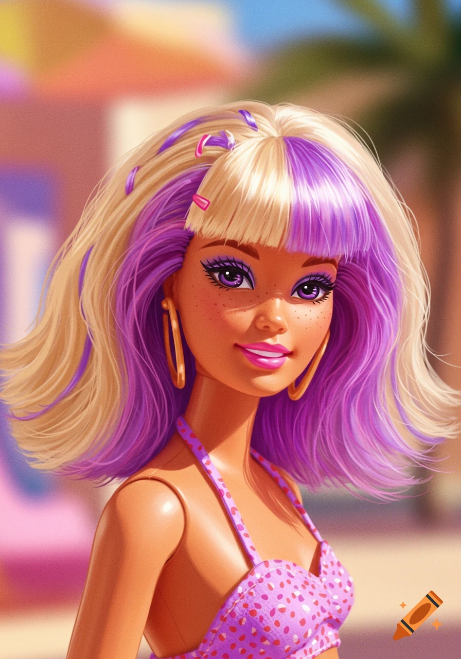 Close-up portrait of a doll with blonde and purple hair and pink polka dot top