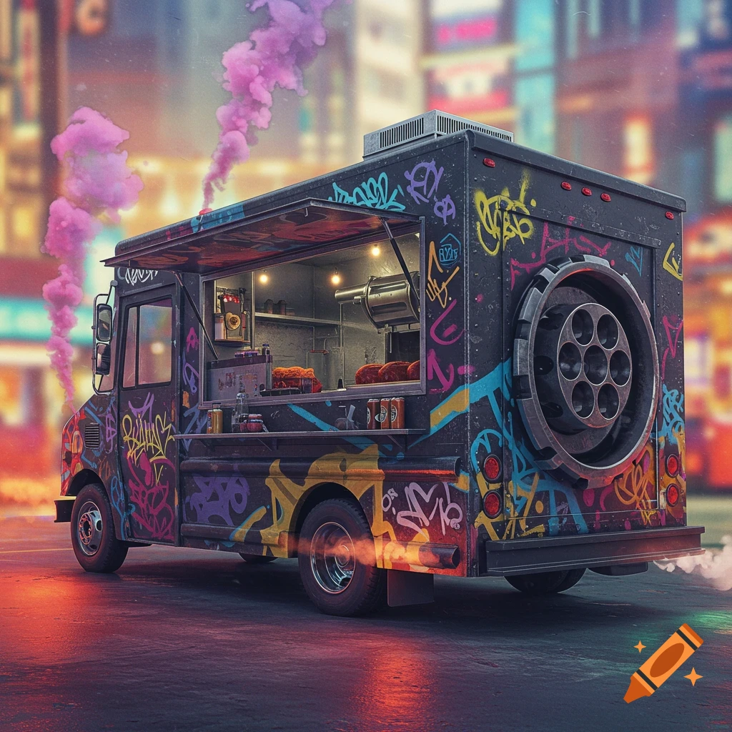 A food truck with colorful graffiti and a revolver chamber design in an urban setting at dusk.