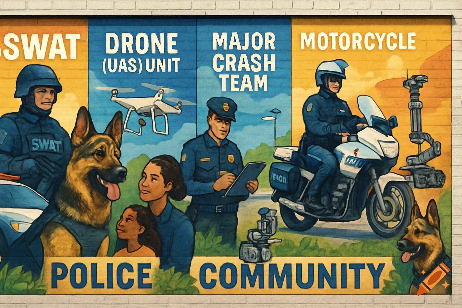 Mural depicting various police units like SWAT, K9, drone, crash team, and motorcycle unit.