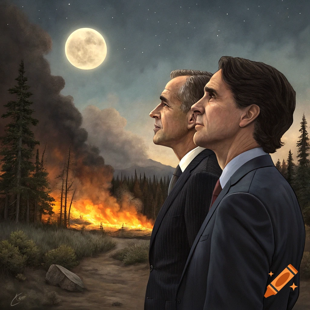 Two men in suits watch a large wildfire under a bright moon at night. Painterly style.