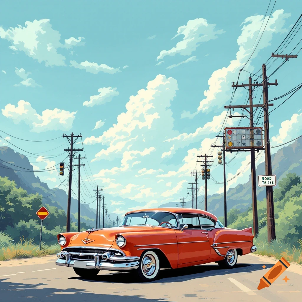 Orange vintage car on a road with power lines and mountains under a cloudy sky.