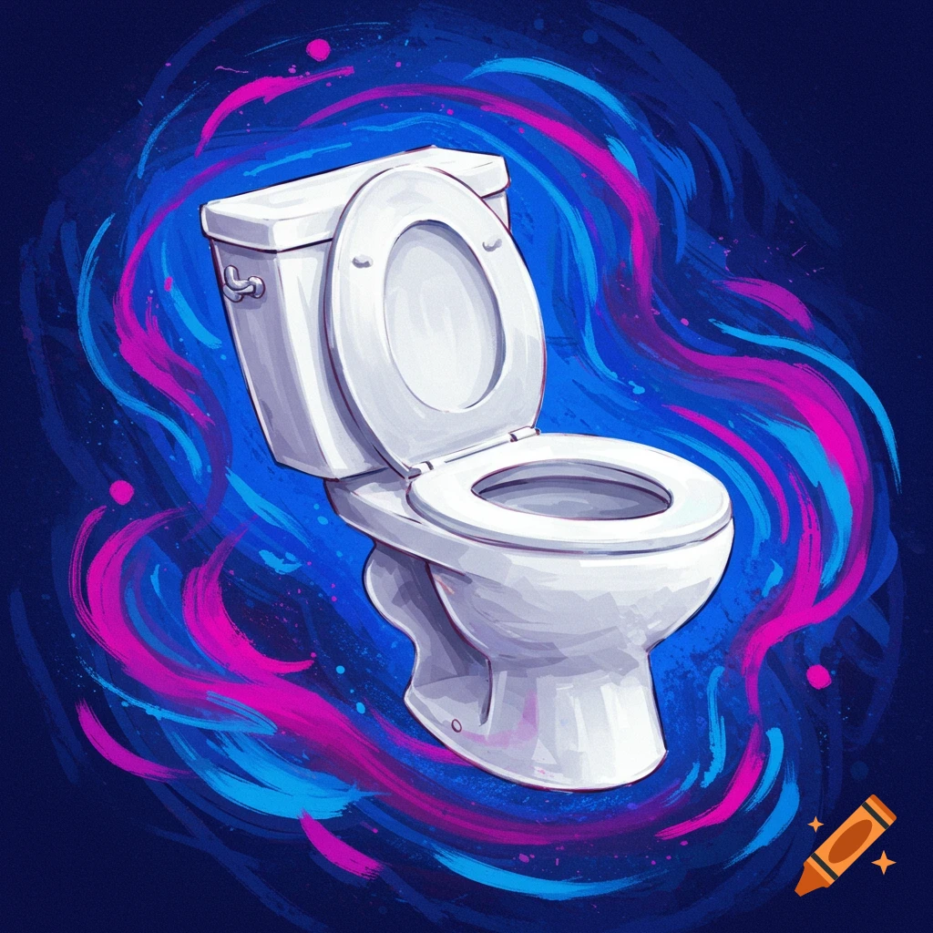 A white toilet bowl and tank with the lid up, surrounded by swirling blue and pink brushstrokes on a dark background. Stylized illustration.