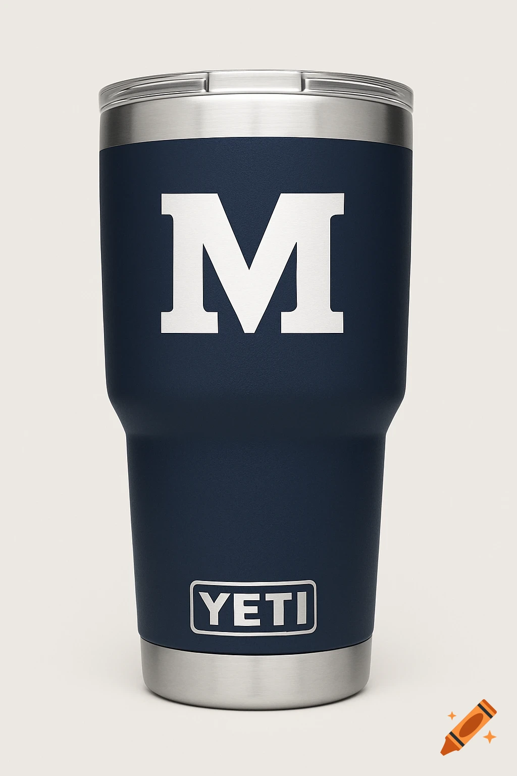 Navy blue Yeti tumbler with large white M logo