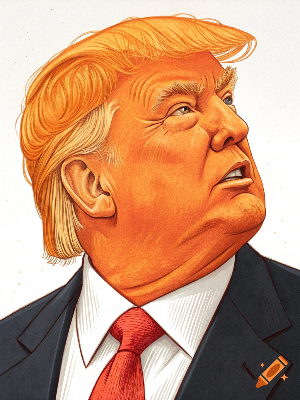 Caricature illustration of Donald Trump looking up and to the side