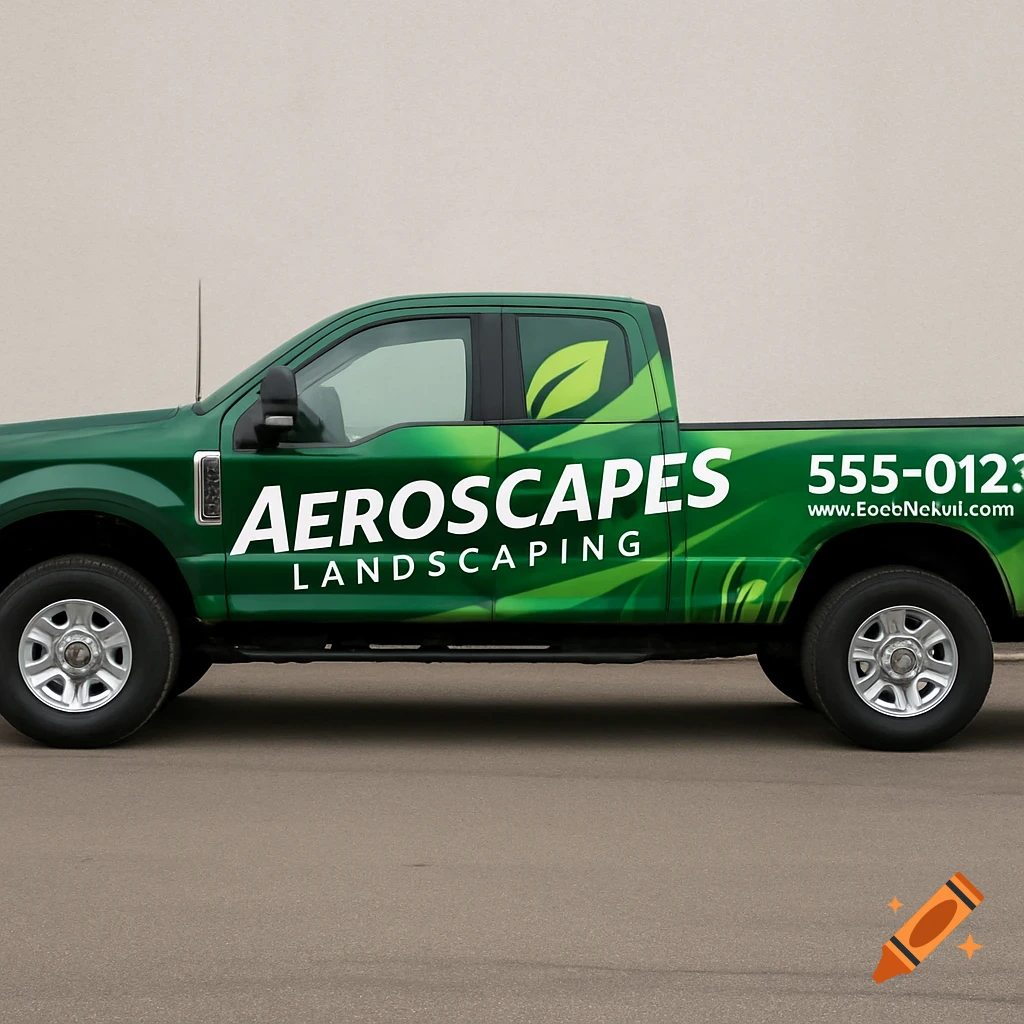 A green pickup truck with 'Aeroscapes Landscaping' branding wrap.