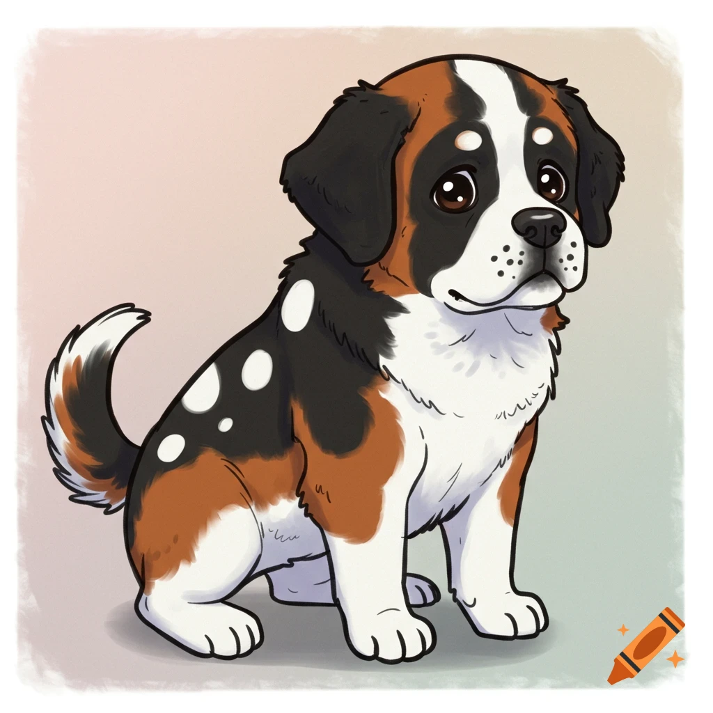 A cute cartoon puppy, likely a St. Bernard, with brown, black, and white fur and white spots, sitting down.