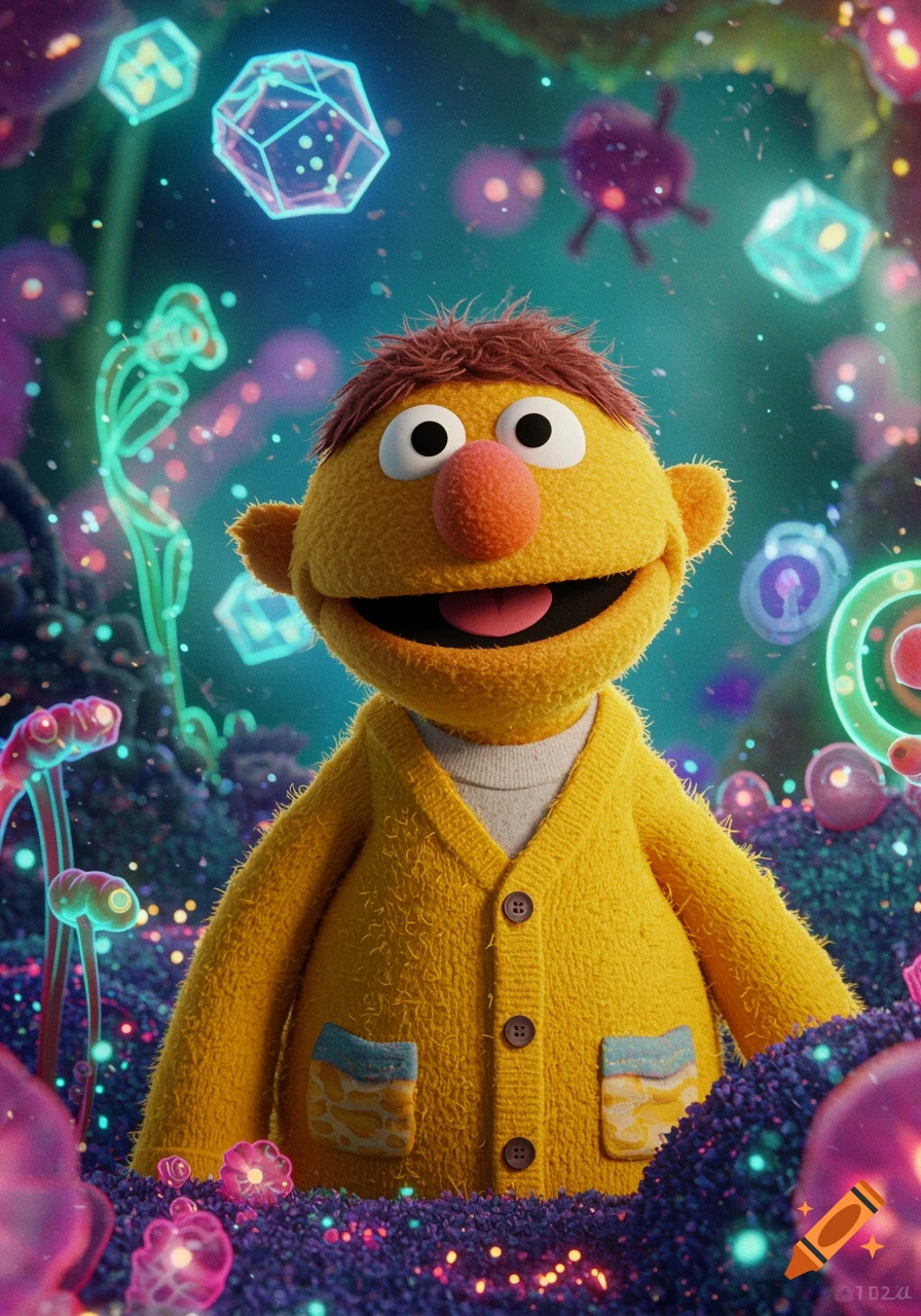 A puppet resembling Bert from Sesame Street in a yellow cardigan stands in a glowing surreal fantasy world.