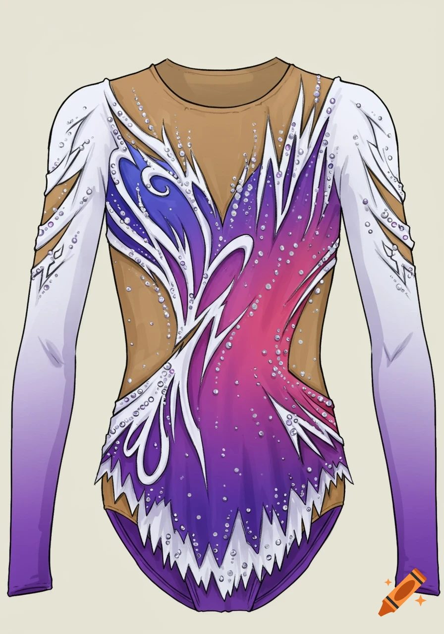 A drawing of a gymnastics leotard with purple, pink, and white fade and silver accents.