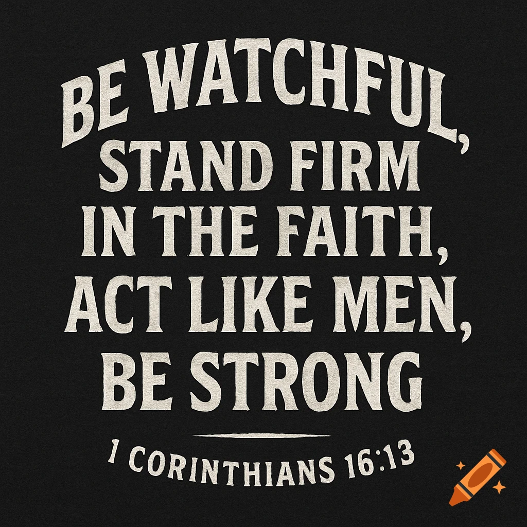 White text quote from 1 Corinthians 16:13 on a black background, designed as a t-shirt logo.