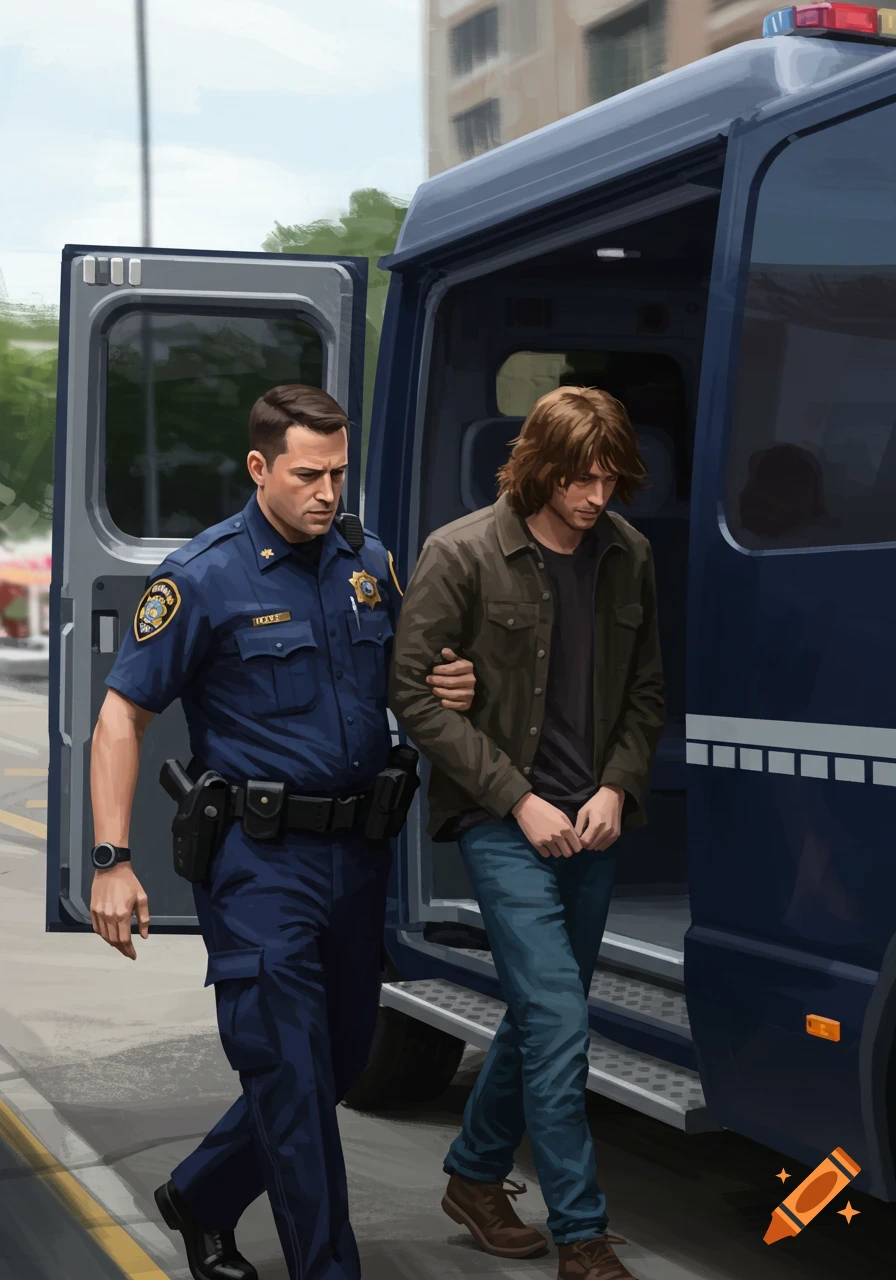 Police officer leads a person towards an open police van, digital illustration.