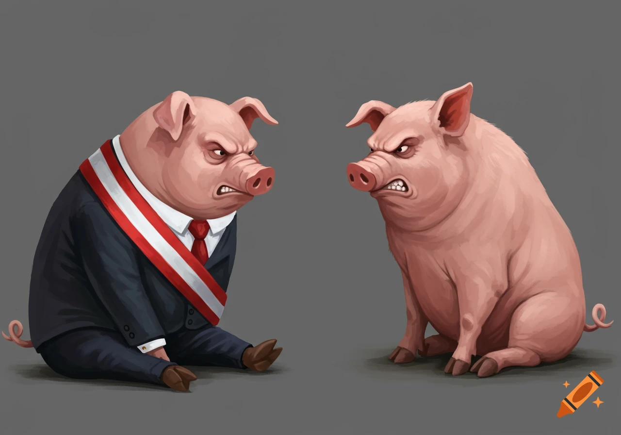 Cartoon illustration of two angry pigs facing each other, one wearing a suit and sash.