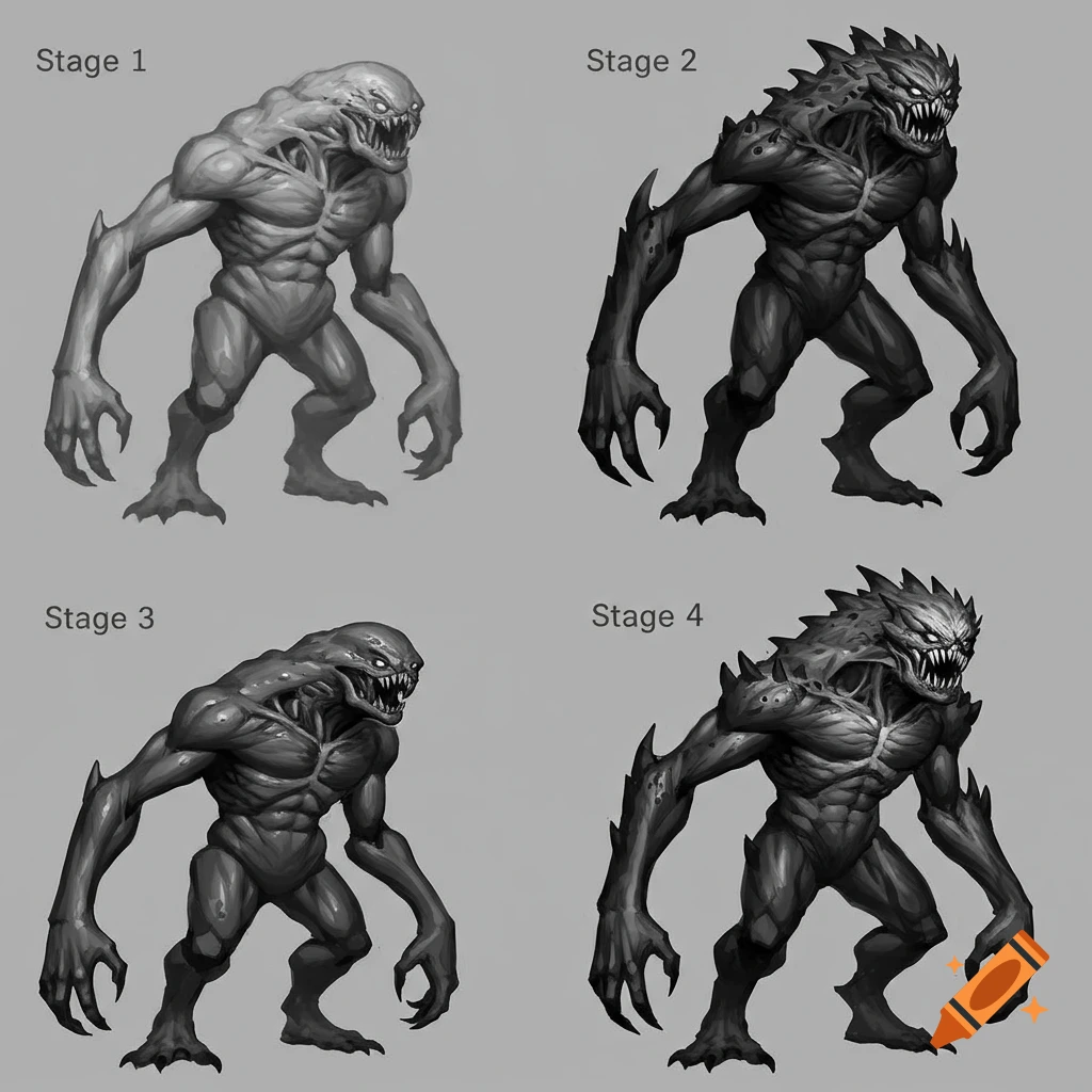 Four grey-scale illustrations showing a monster evolving through stages.