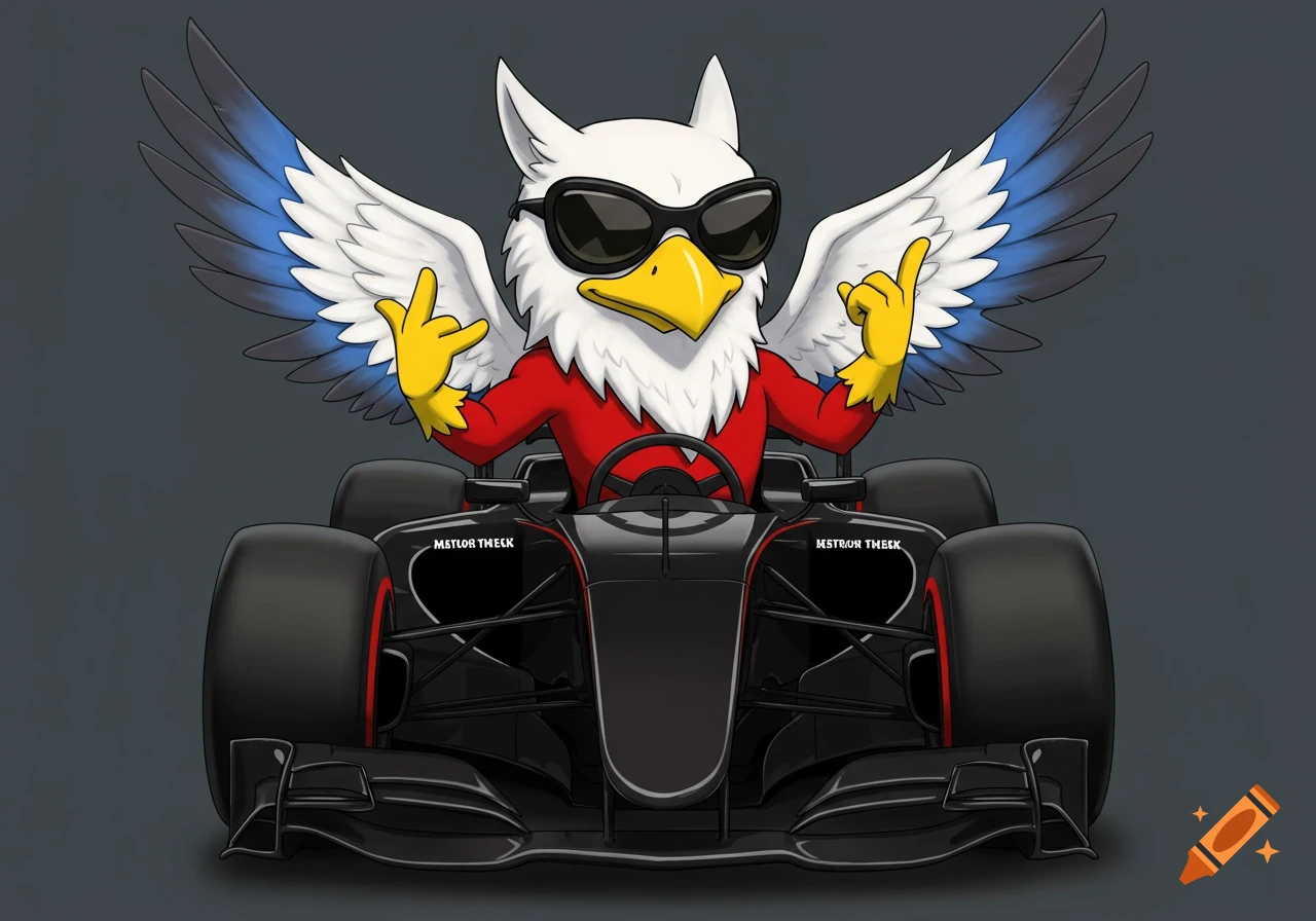 Cartoony white, red, and blue griffin with sunglasses doing a shaka in a black F1 car