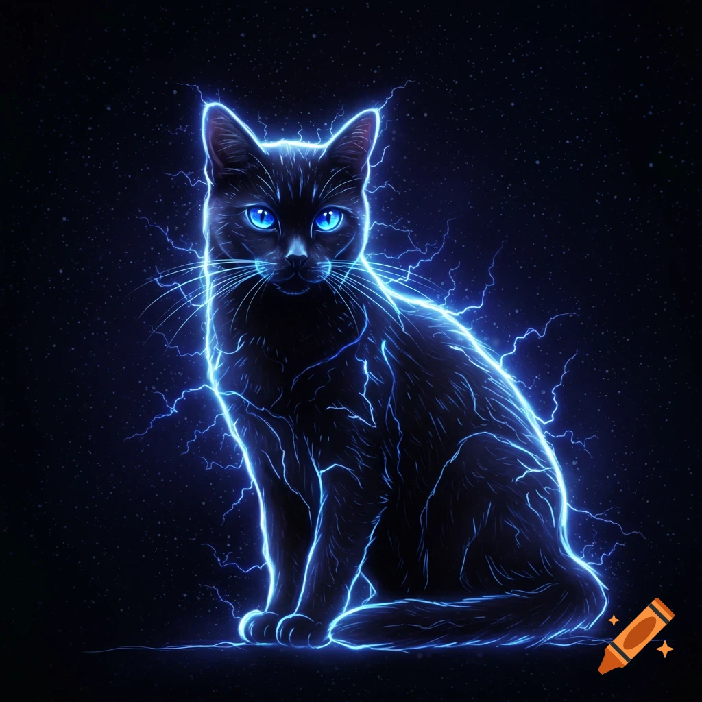 Black cat outlined by blue lightning against a dark starry background