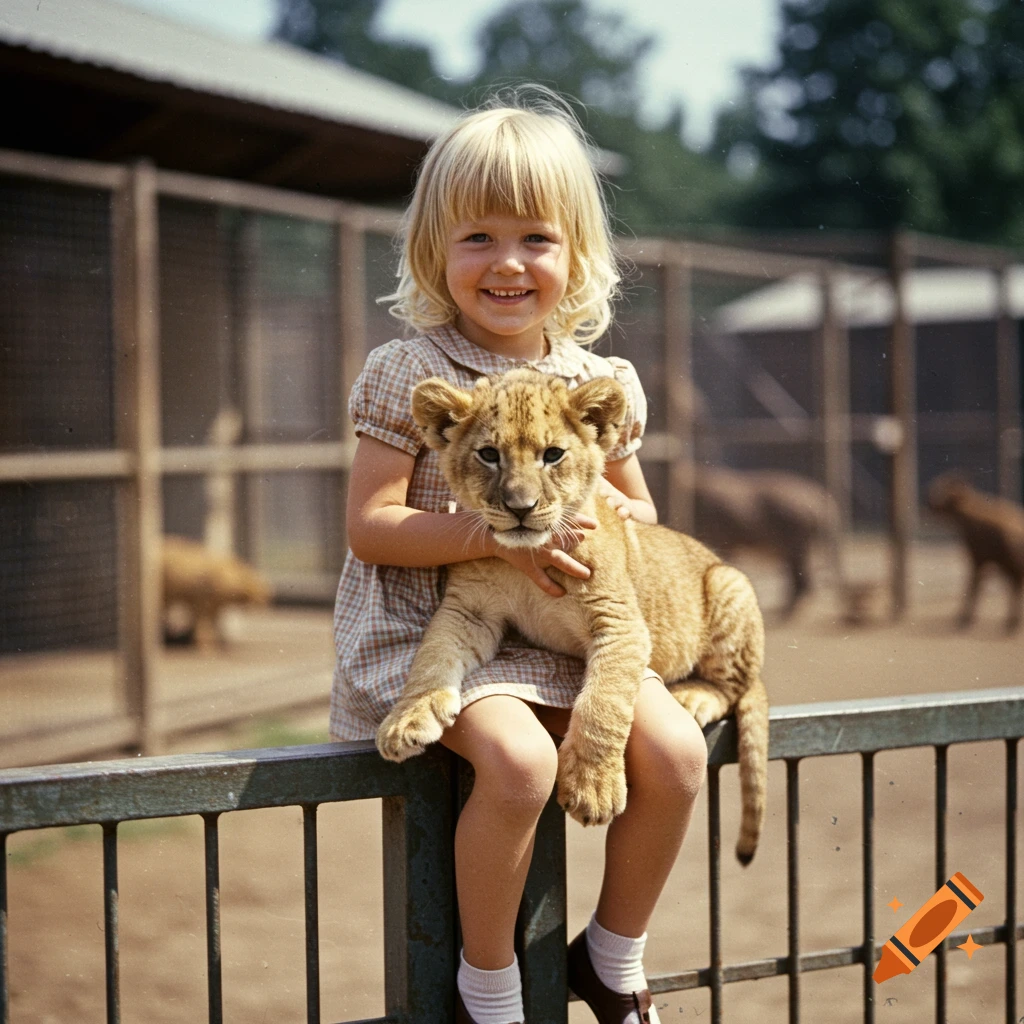 A blonde girl sits on a zoo fence, holding a lion cub and smiling, in a vintage photo.