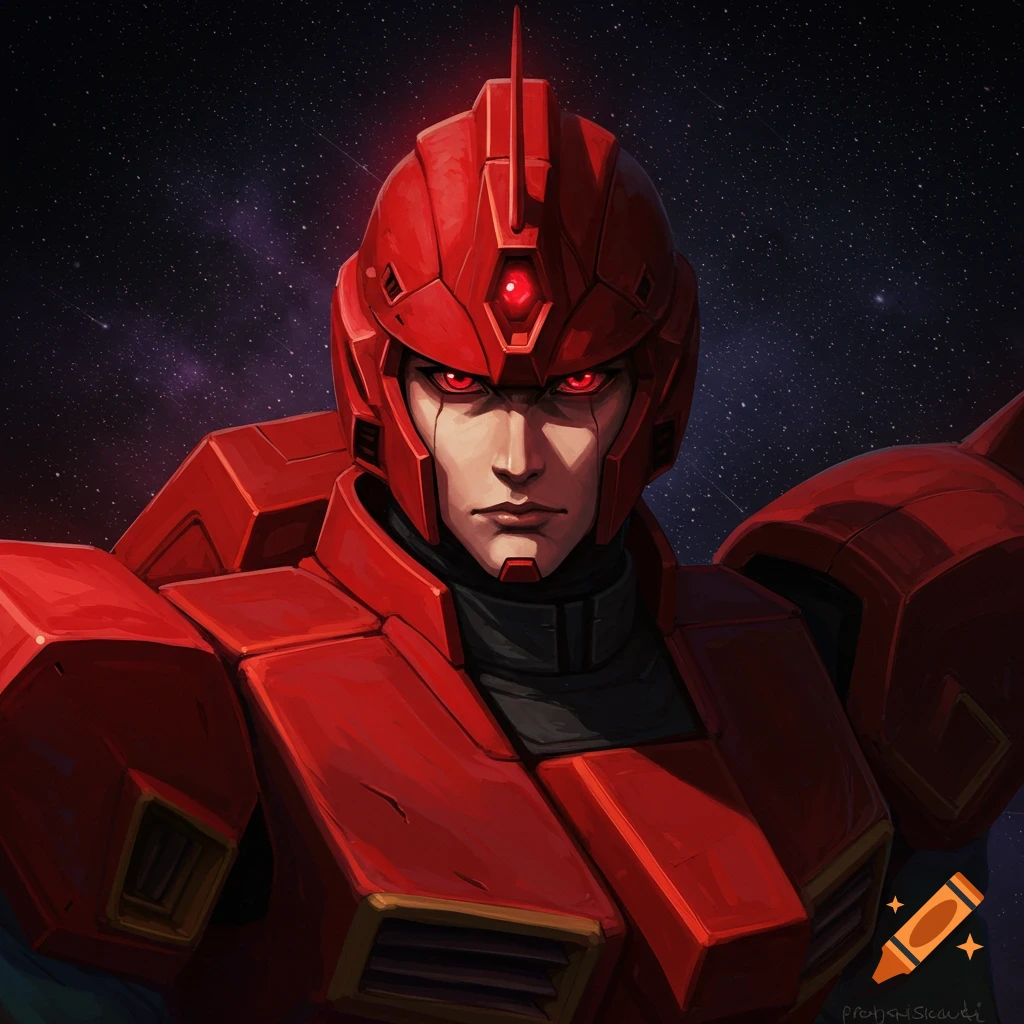Close-up portrait of a person in red mecha armor with glowing red eyes against a starry background, illustration style.
