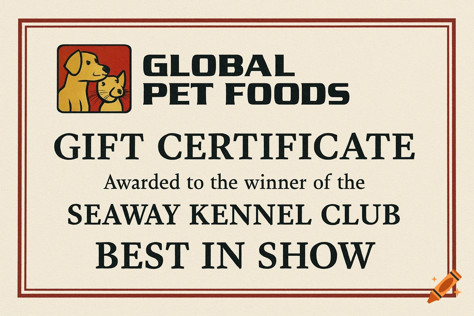 A gift certificate for Global Pet Foods featuring a dog and cat logo, awarded to the winner of the Seaway Kennel Club Best in Show.