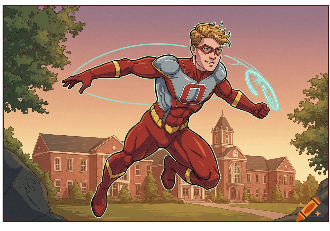 Comic book illustration of a male superhero in a red suit with an O symbol flying over a college campus.