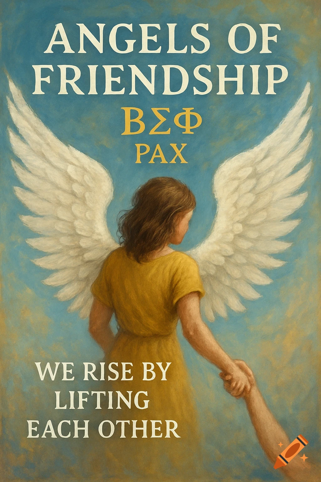 Painting of a winged figure holding hands with another, with text overlay.