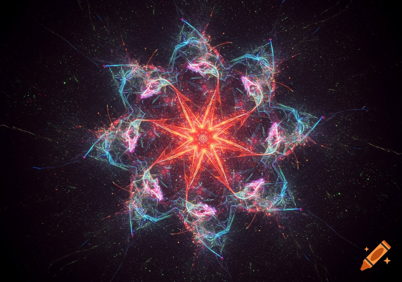 A vibrant abstract fractal pattern resembling a glowing star in a dark space with swirling lines and speckles.