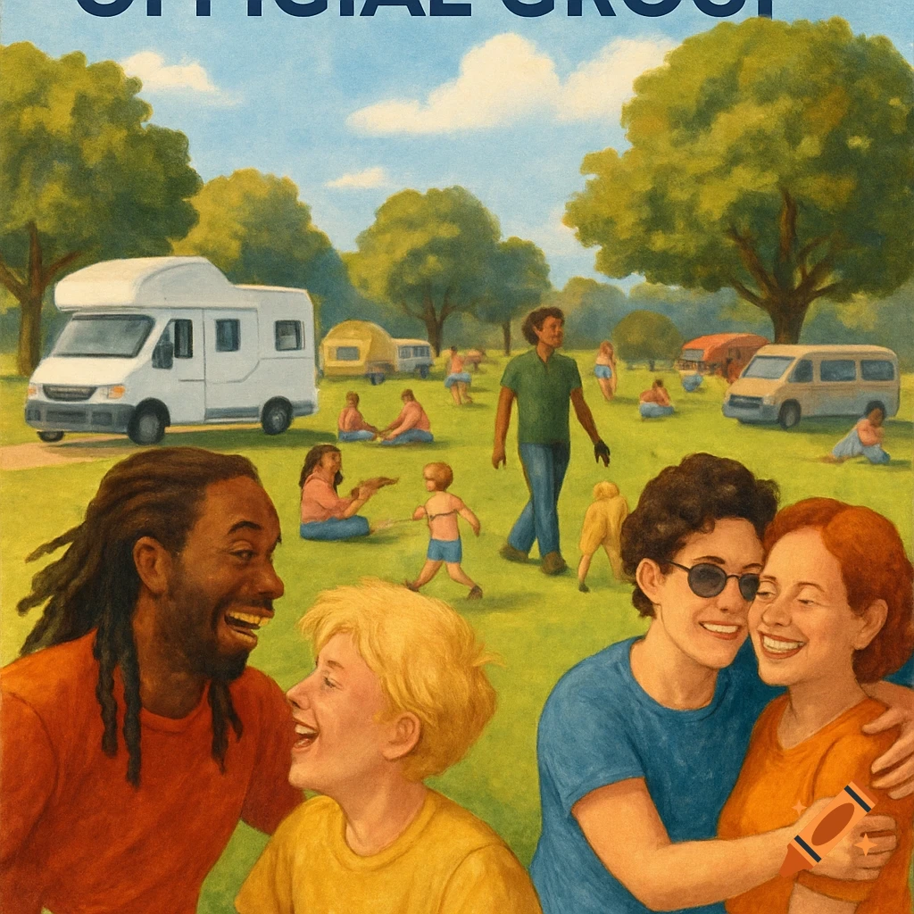 People gathered in a sunny park with trees and RVs, including diverse families, couples, and individuals. Text at top reads "OFFICIAL GROUP".