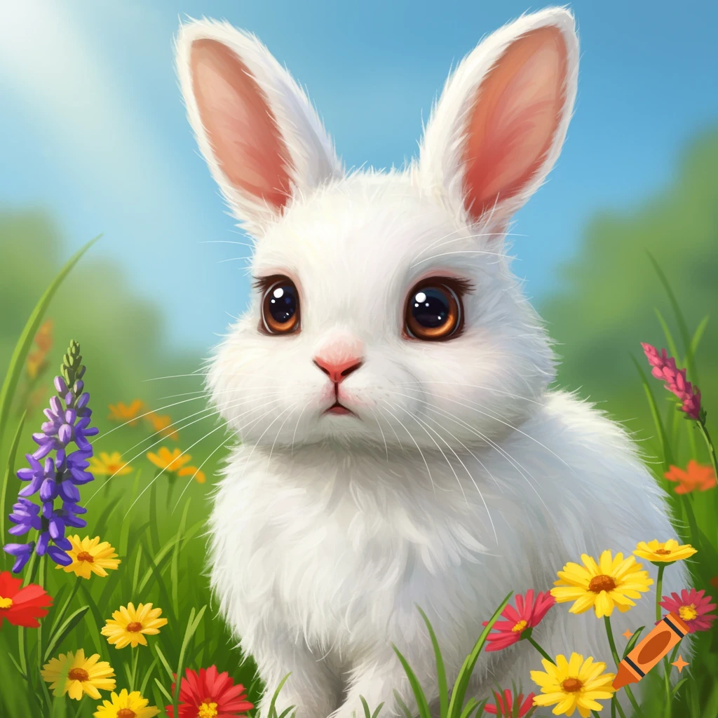 A cute white bunny with big brown eyes sits in a field of colorful ...