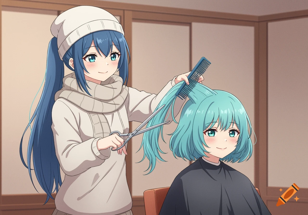Anime girl cutting another girl's blue-green hair with scissors and a comb.