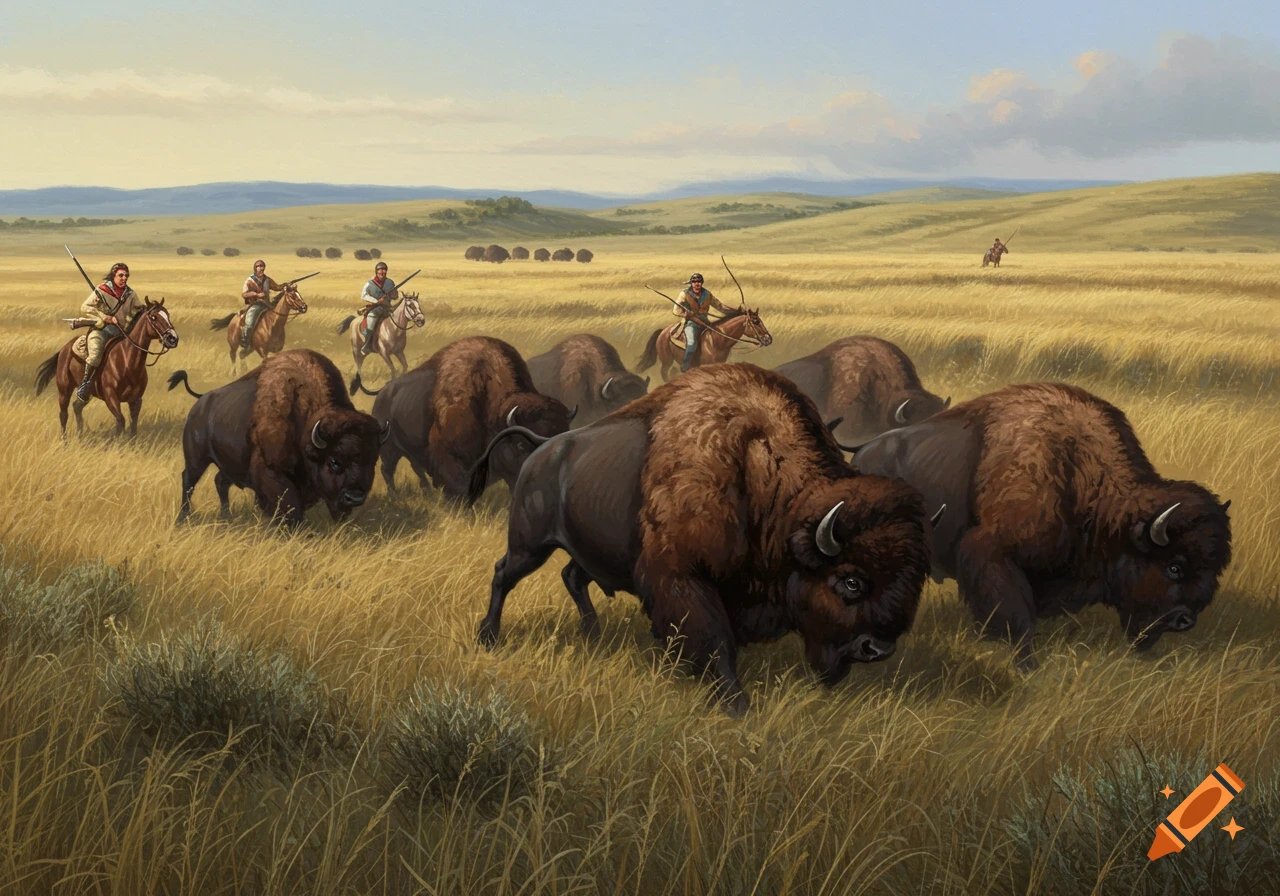People on horseback hunt a herd of buffalo in a grassy plain landscape.