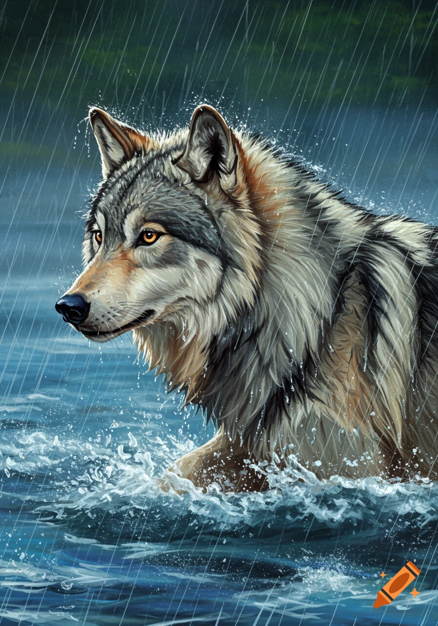 Wolf wading through water in the rain