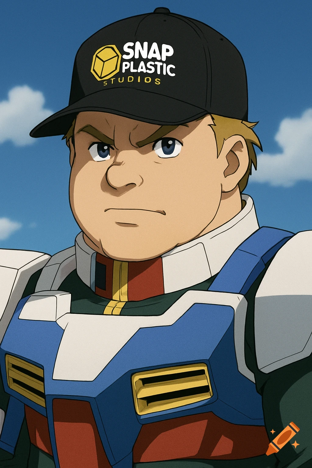 Anime portrait of a stocky man in military uniform and black cap with Snap Plastic Studios logo under a blue sky.