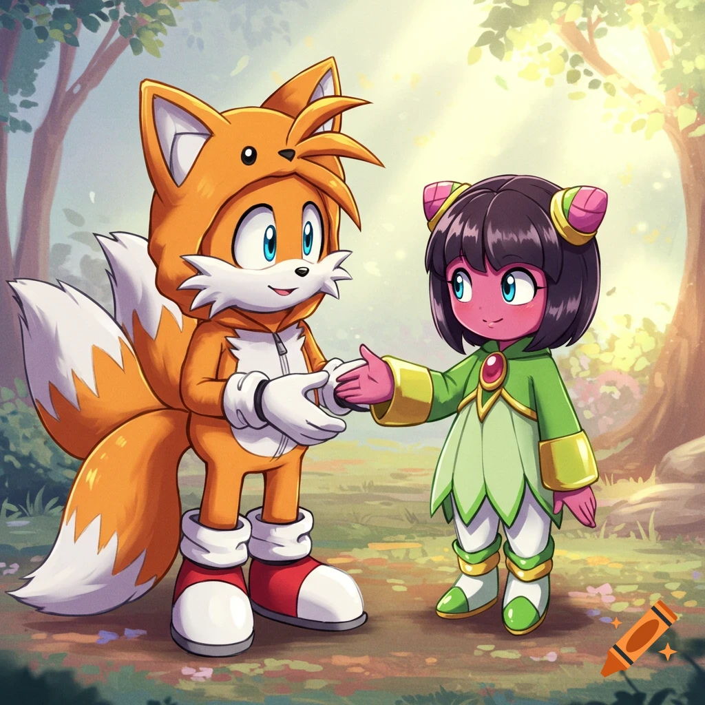 Tails the Fox in a fox kigurumi and Cosmo the Seedrian holding hands in a forest.