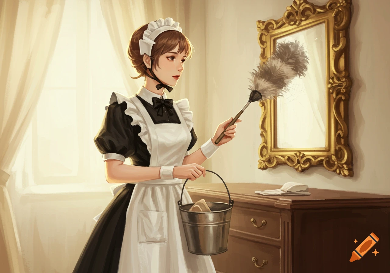 Illustration of a maid dusting a mirror.