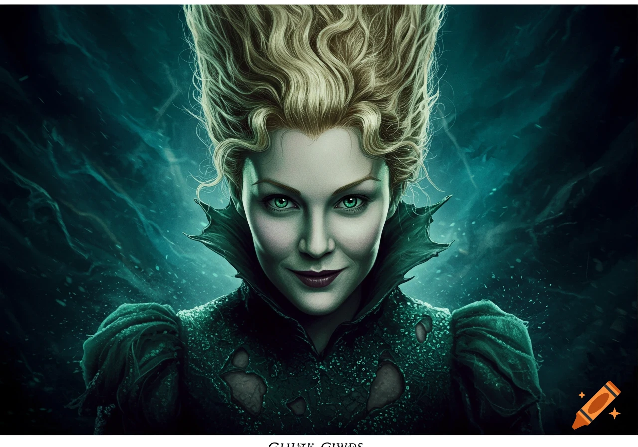 Fantasy portrait of a woman with large blonde hair, green eyes, and dark costume with spiked collar.