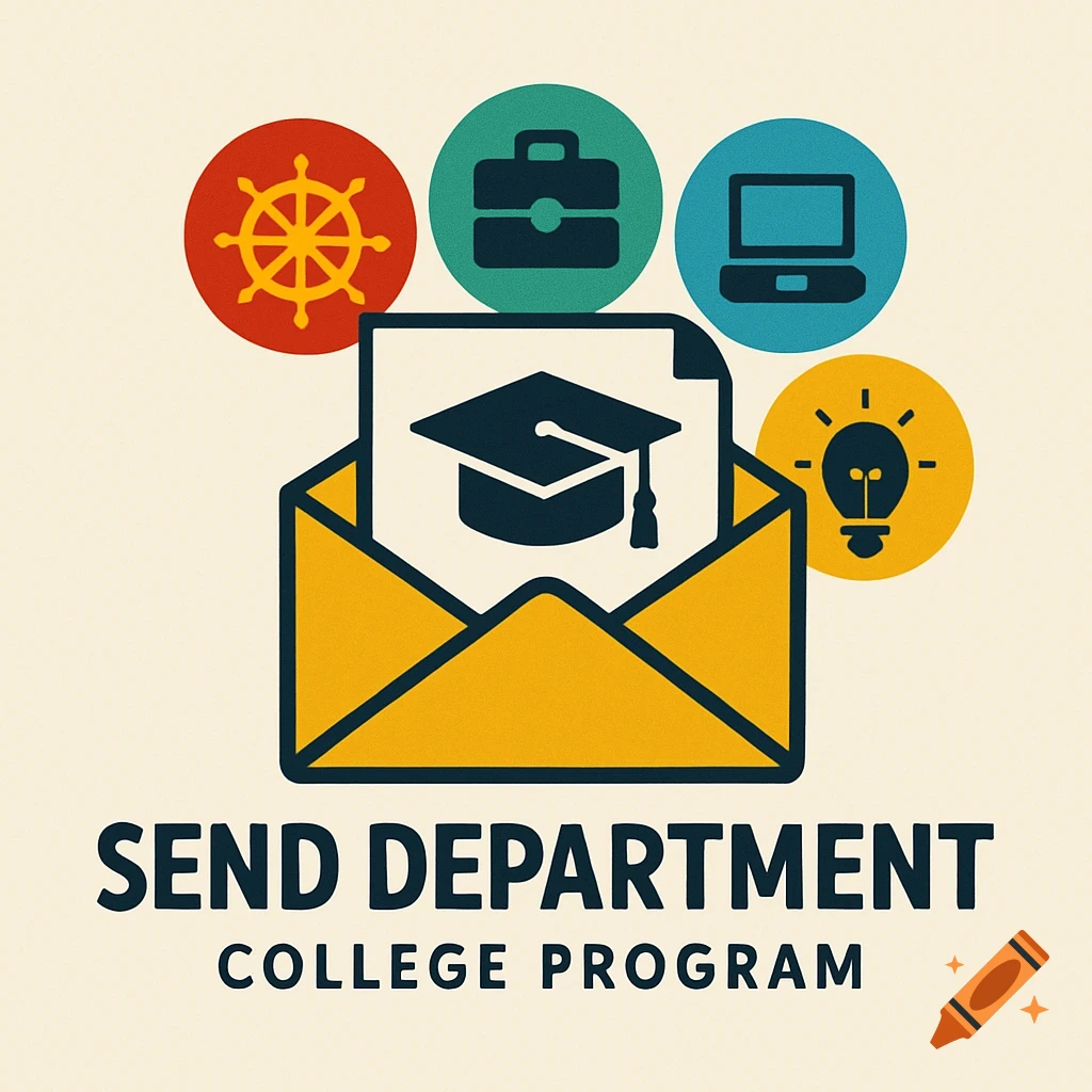 Logo with open envelope, graduation cap, and icons for steering, briefcase, laptop, lightbulb. Text reads SEND DEPARTMENT COLLEGE PROGRAM.