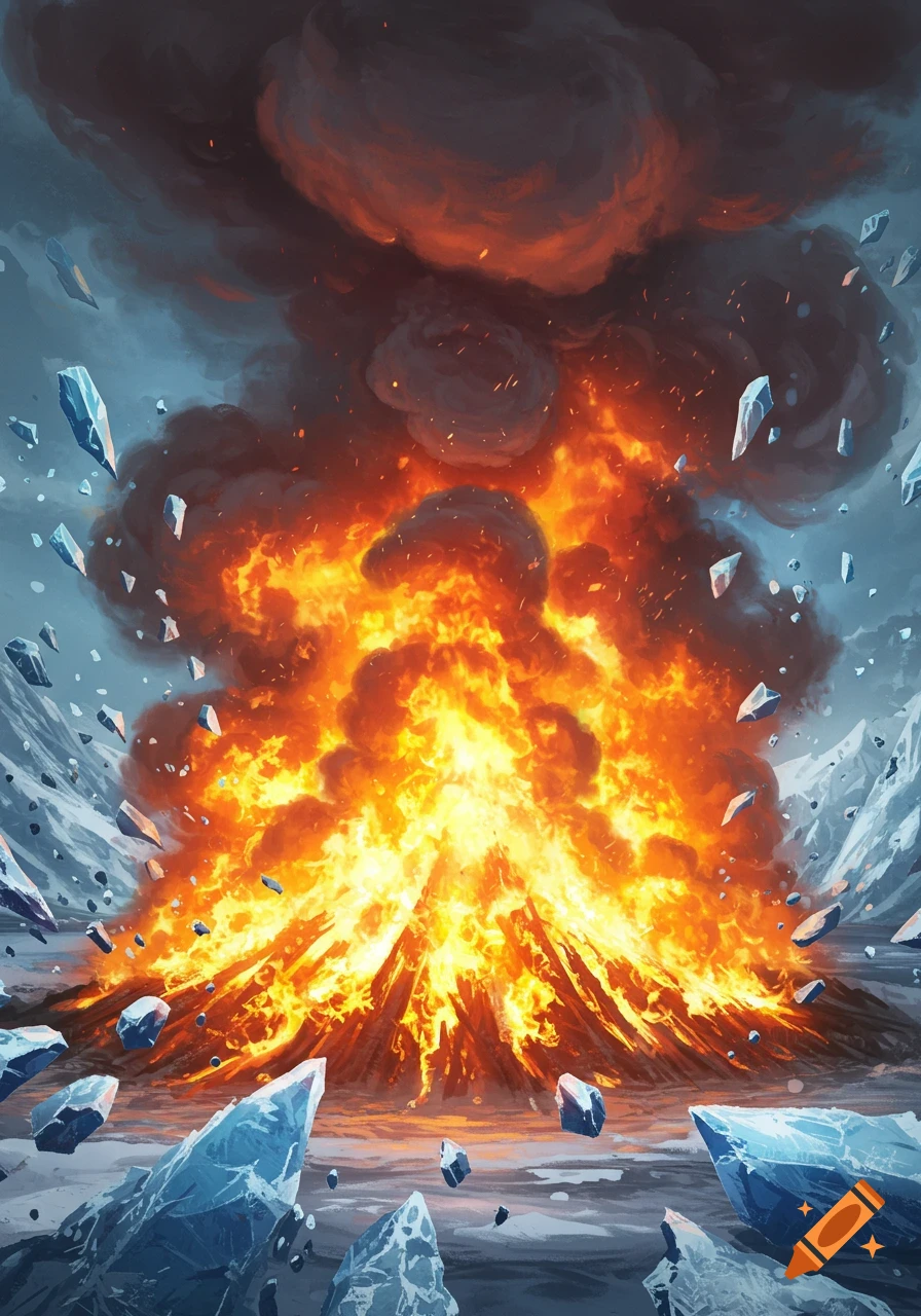 A massive fire erupts with many ice shards flying through the air in an illustration.